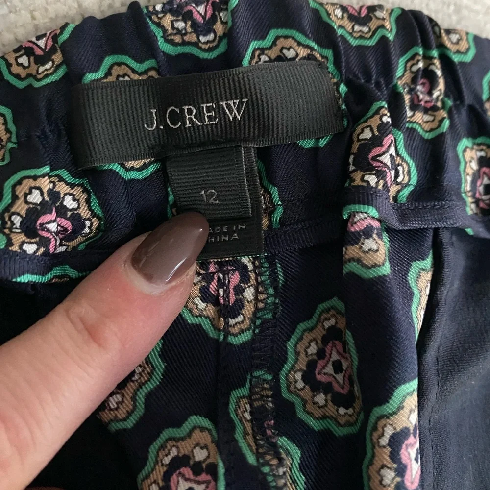 J.Crew Printed Slim (100%) Silk Pants | Navy & Green Pattern | Size 12 Like New